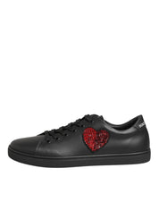 Black Leather Crystal Heart Sneakers  Shoes