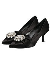 Black Satin Bow Crystal Embellishment Pumps Shoes