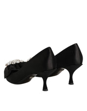 Black Satin Bow Crystal Embellishment Pumps Shoes
