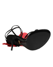 Black Leather Strappy Flower Heels Sandals  Shoes