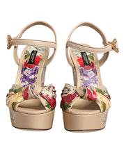 Beige Floral Ankle Strap Wedge Sandals Shoes