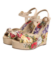 Beige Floral Ankle Strap Wedge Sandals Shoes