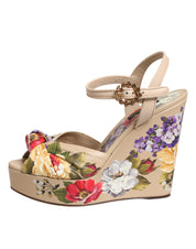Beige Floral Ankle Strap Wedge Sandals Shoes