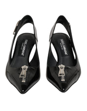 Black Zipper Leather Heels Slingbacks Shoes