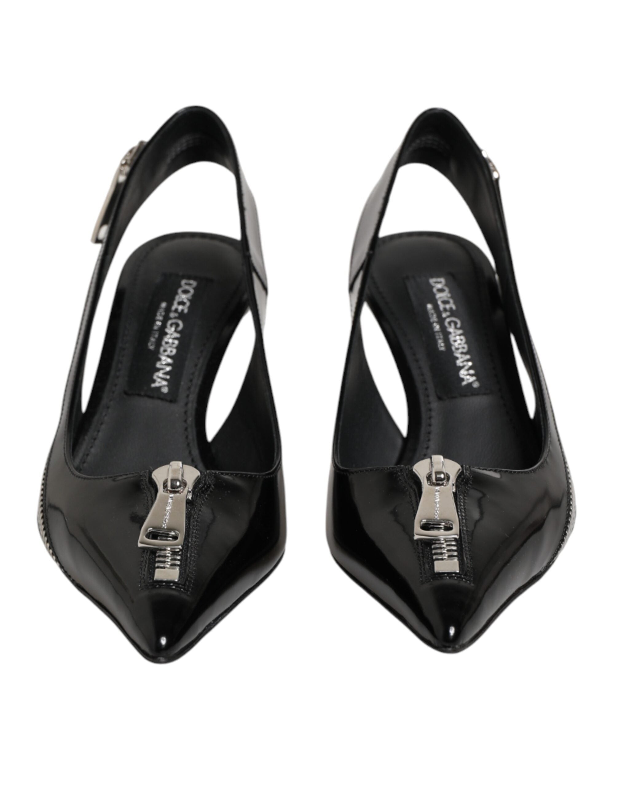 Black Zipper Leather Heels Slingbacks Shoes