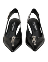 Black Zipper Leather Heels Slingbacks Shoes
