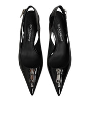 Black Zipper Leather Heels Slingbacks Shoes