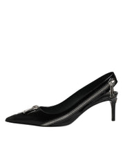 Black Zipper Leather Heels Slingbacks Shoes