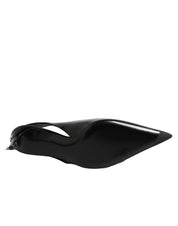 Black Zipper Leather Heels Slingbacks Shoes