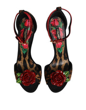 Brown Leopard Crystal Roses Sandals Shoes
