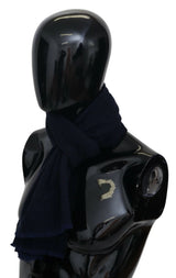 Dark Blue Wool Unisex Neck Wrap Fringes Logo Scarf