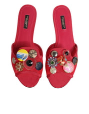 Red Embellished Flats Slip On Sandals Shoes