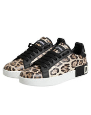 Brown Leather Leopard Low Top Sneakers Shoes