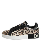 Brown Leather Leopard Low Top Sneakers Shoes