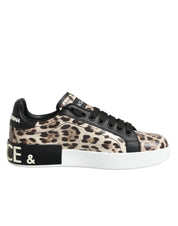 Dolce & Gabbana Brown Leather Leopard Low Top Sneakers Shoes Dolce & Gabbana