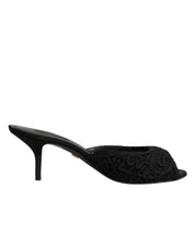 Dolce & Gabbana Black Embroidered Slip On Heels Slides Shoes Dolce & Gabbana