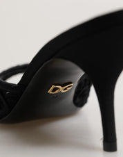 Black Embroidered Slip On Heels Slides Shoes