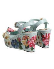 Green Floral Ankle Strap Wedge Sandals Shoes