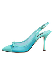 Blue Leather Mesh Heels Slingback Shoes