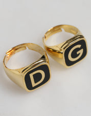 Gold-Tone Real Brass Black Enamel "DG" Adjustable Rings