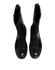 Black Patchwork Leather Mid Calf Boot  Shoes