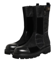 Dolce & Gabbana Black Patchwork Leather Mid Calf Boot  Shoes Dolce & Gabbana