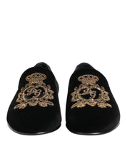 Black Velvet Gold Crown Mens Loafers Shoes