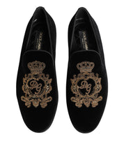 Black Velvet Gold Crown Mens Loafers Shoes