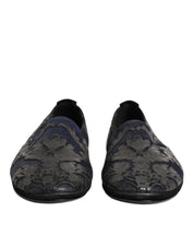 Black Jacquard Leather Slip On Loafers Shoes
