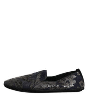 Black Jacquard Leather Slip On Loafers Shoes