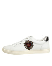 White Leather Heart Embellished Sneakers Shoes