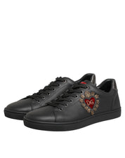 Black Leather Heart Embellished Sneakers Shoes