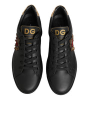 Black Leather Heart Embellished Sneakers Shoes