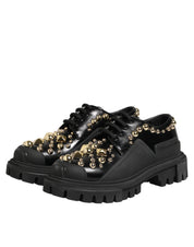 Black Leather Jeweled Crystals Derby Shoes