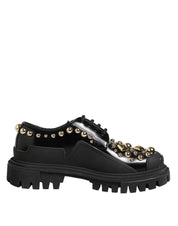 Black Leather Jeweled Crystals Derby Shoes