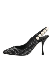 White Black Chevron Faux Pearl Slingbacks Shoes