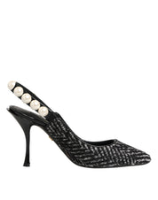 White Black Chevron Faux Pearl Slingbacks Shoes