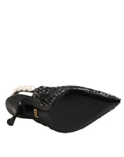 White Black Chevron Faux Pearl Slingbacks Shoes