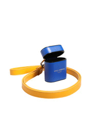 Blue Yellow Calfskin Leather Logo Strap Men Airpods Case