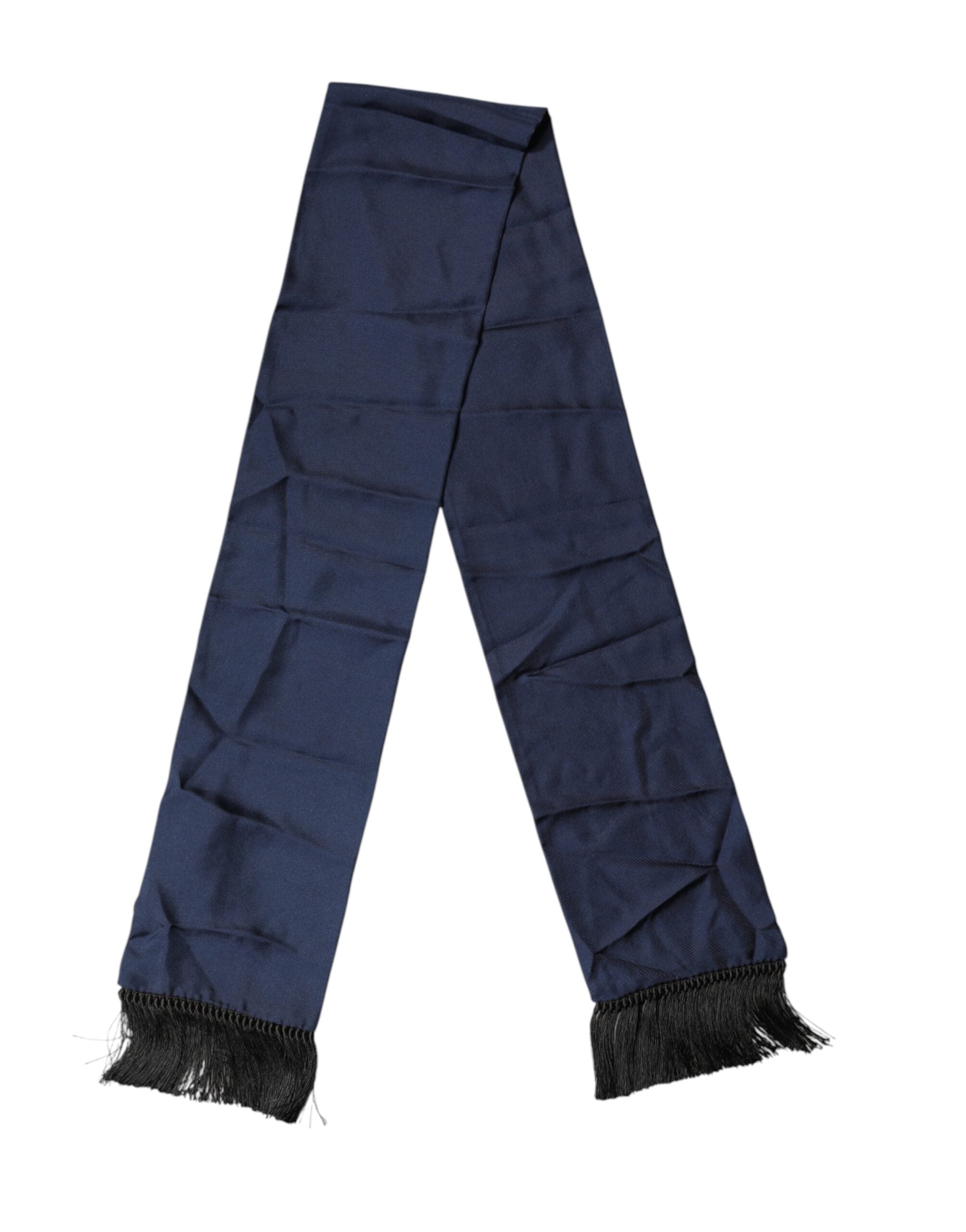 Dolce & Gabbana Navy Blue Silk Fringes Neck Foulard Scarf Dolce & Gabbana