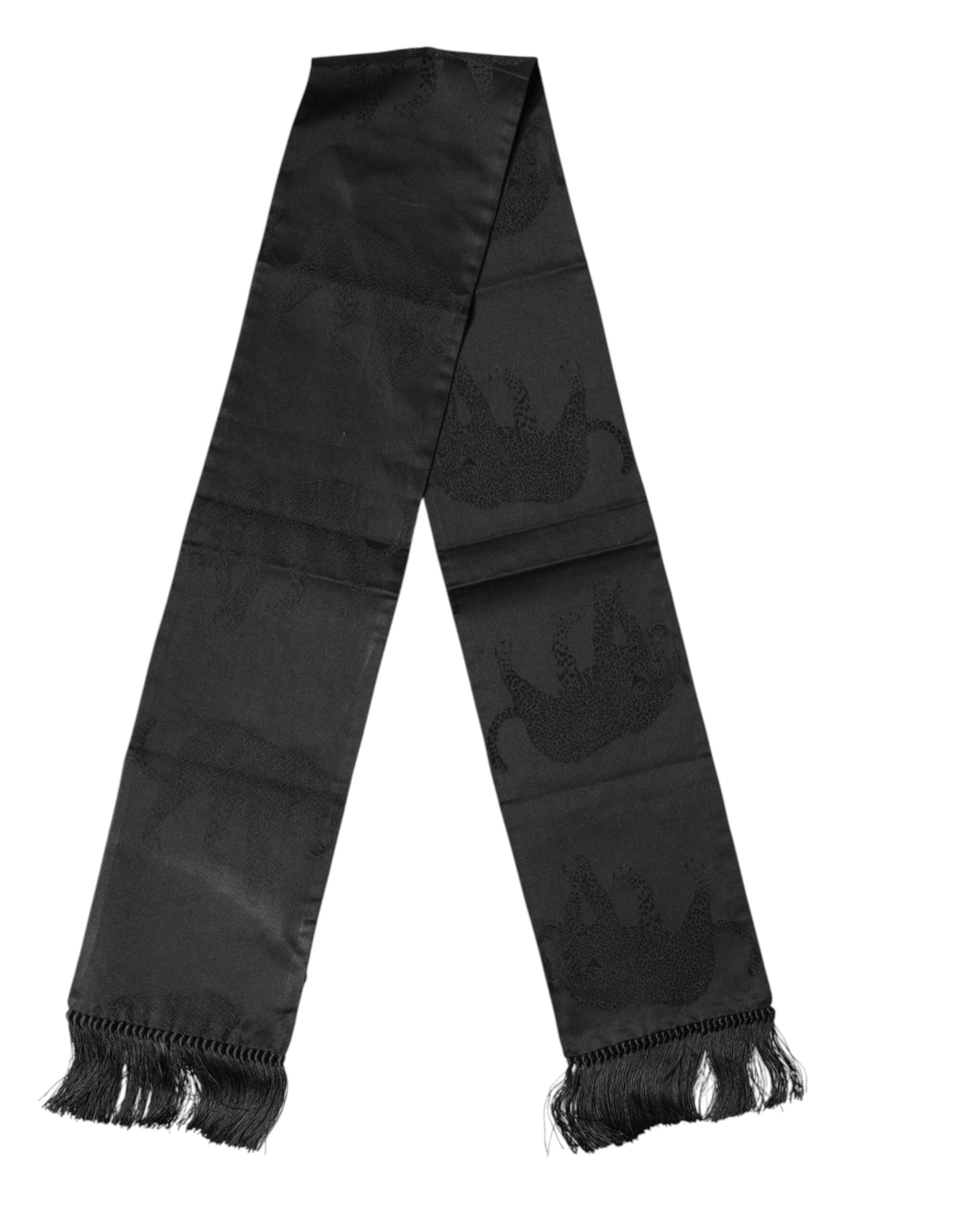 Dolce & Gabbana Black Satin Silk Fringes Neck Foulard Scarf Dolce & Gabbana