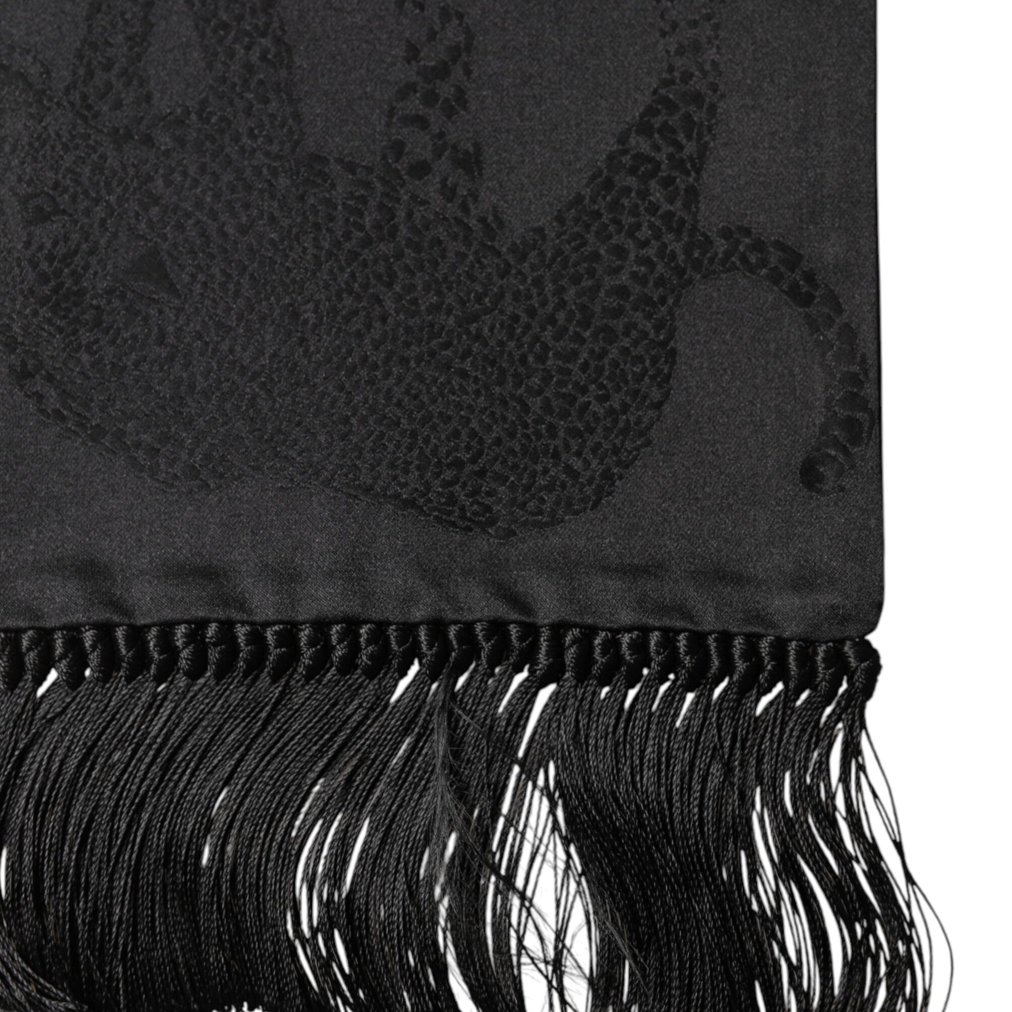 Dolce & Gabbana Black Satin Silk Fringes Neck Foulard Scarf Dolce & Gabbana